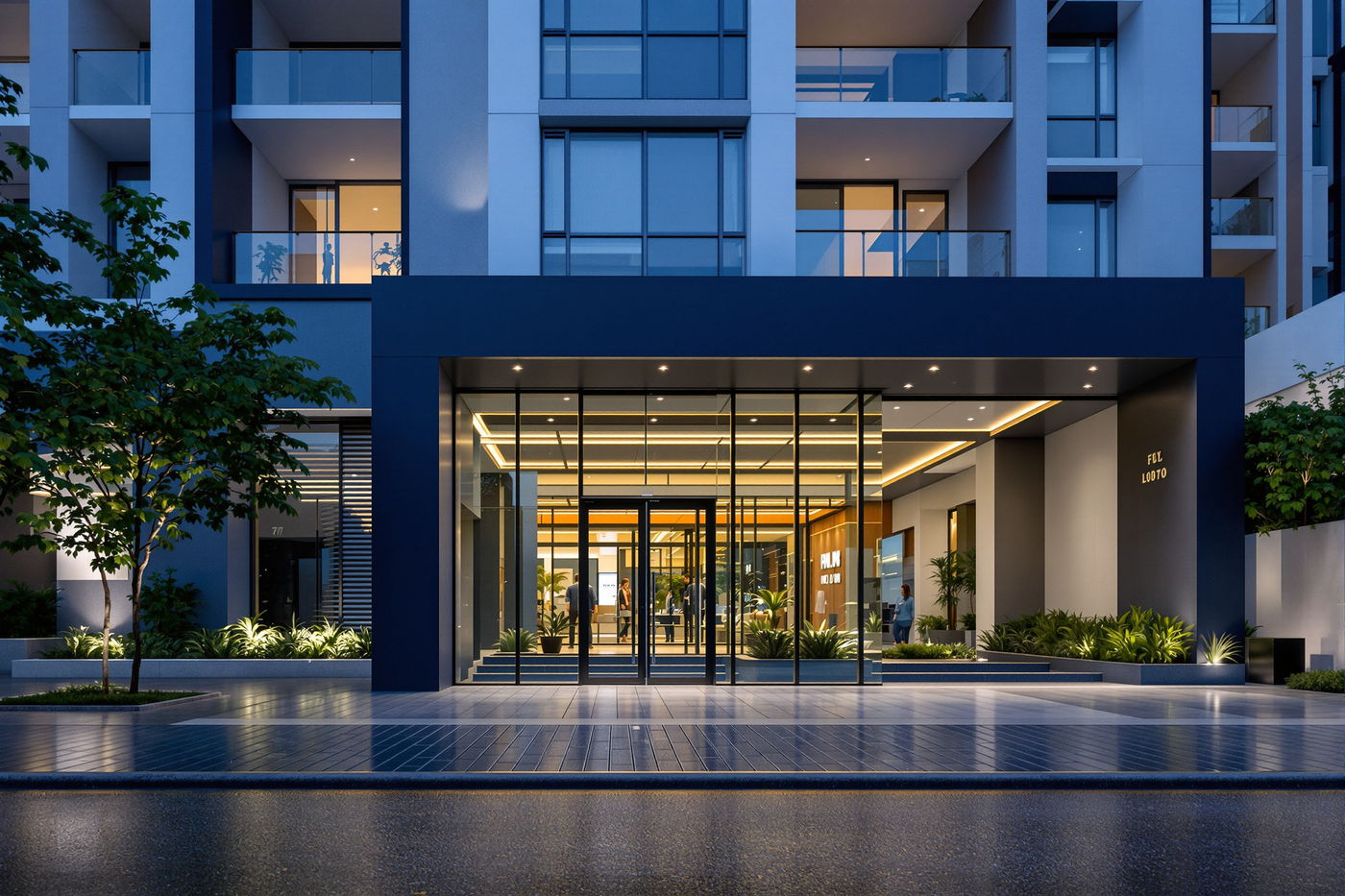 Entrada de condomínio residencial contemporâneo ao anoitecer