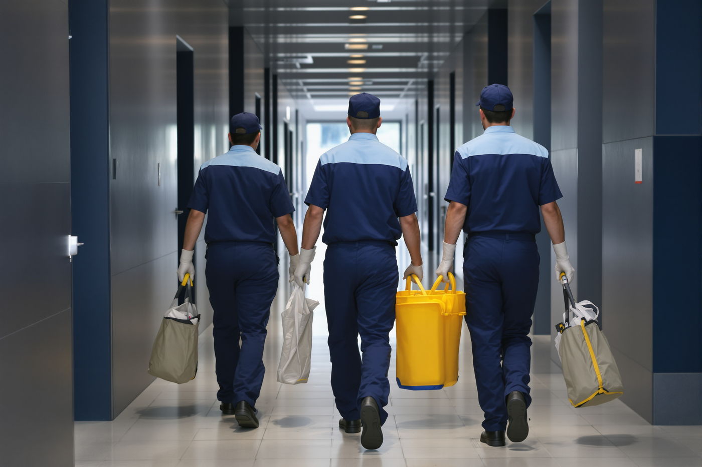 Equipe da Servix a caminho do posto de trabalho em um edifício